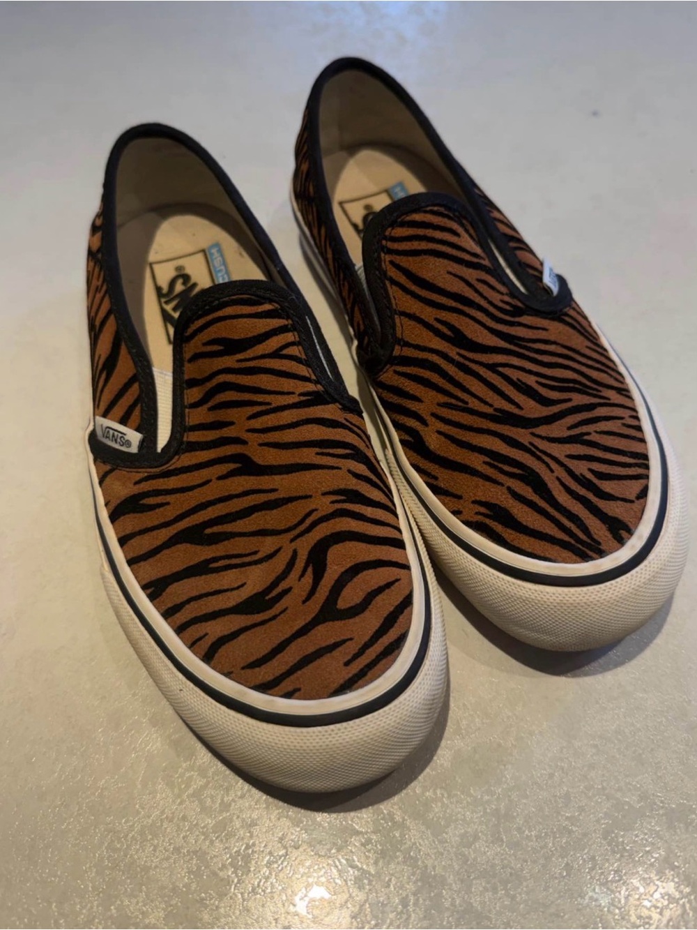 Vans Slip-On Tiger Stripe Loafers in Brown and Black